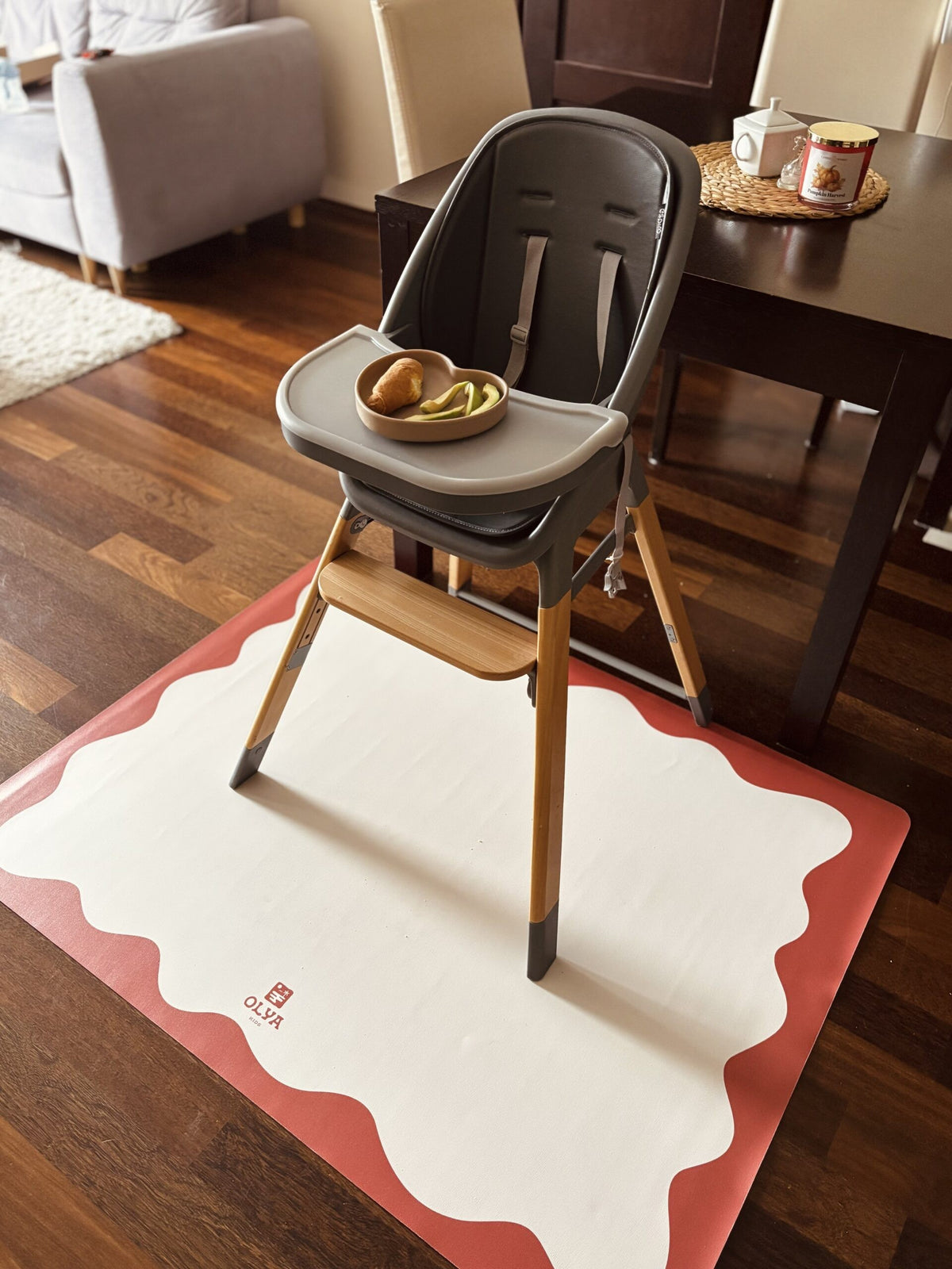 Kids Mealtime Floor Mat, Non-Slip & Waterproof - Red Frame